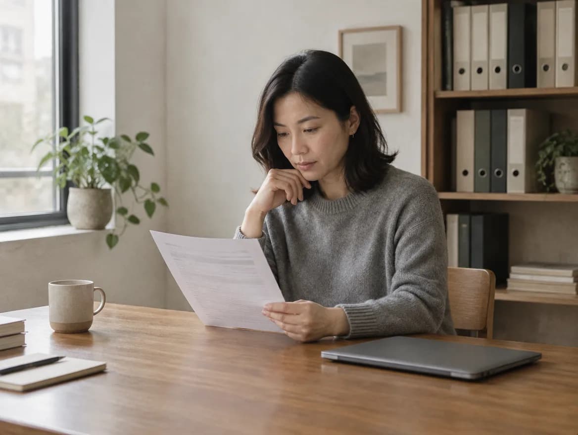 A coordinator reading a printed application at a desk